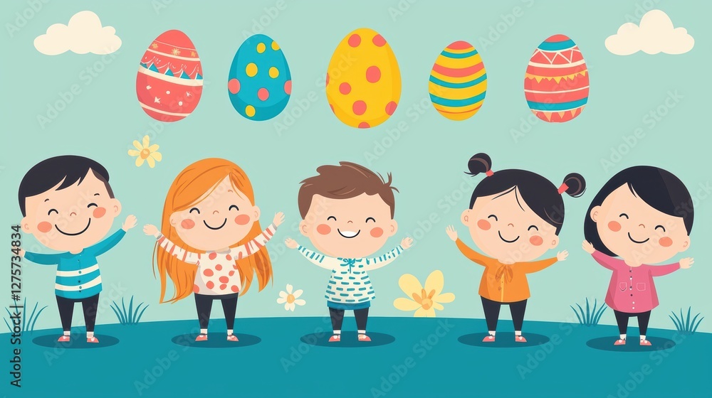 A group of children happily celebrating Easter with colorful Easter eggs. A group of children happily celebrating Easter with colorful Easter eggs.