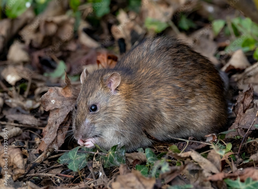 Close-up of a brown rat foraging among fallen leaves and greenery in a natural setting. Close-up of a brown rat foraging among fallen leaves and greenery in a natural setting.