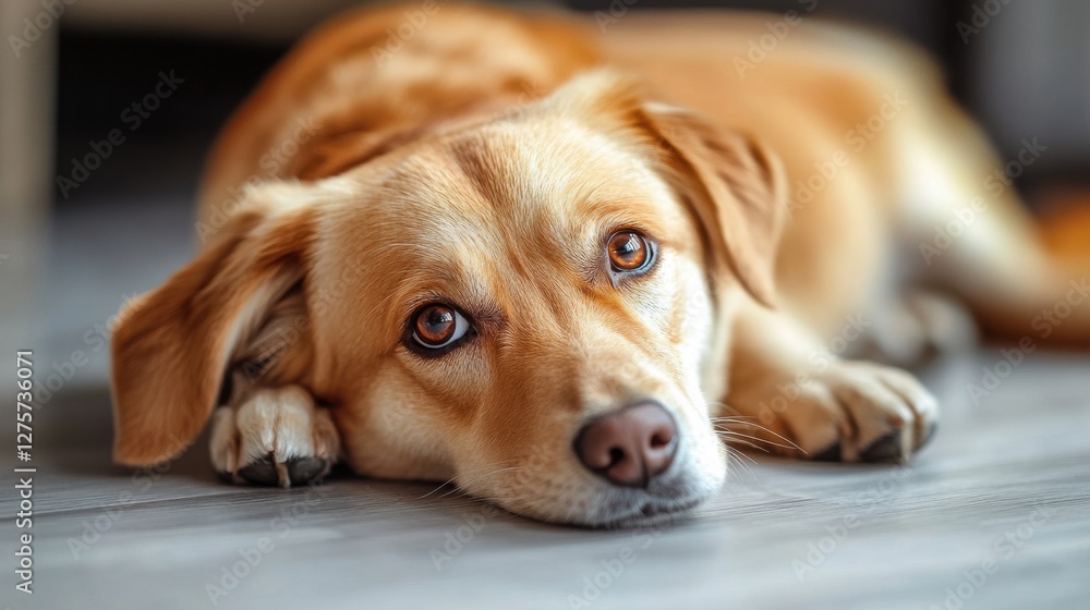 Golden dog relaxes on the floor, looking curiously at the surroundings during a cozy afternoon indoors Golden dog relaxes on the floor, looking curiously at the surroundings during a cozy afternoon indoors