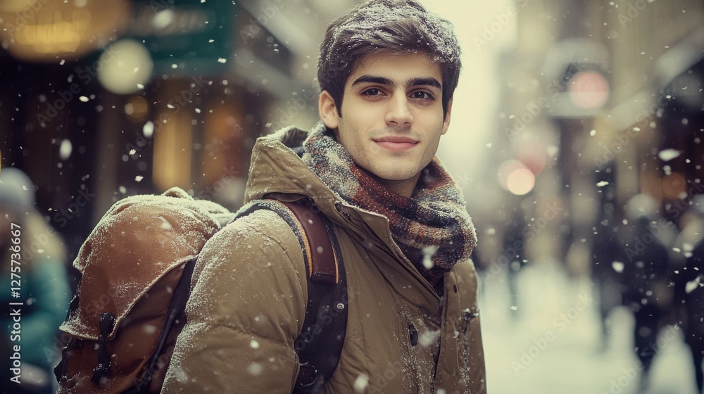 Young man enjoying snowy day in city with backpack and smile Young man enjoying snowy day in city with backpack and smile