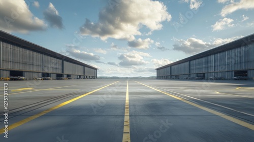 Airport Hangars, tarmac, planes, cloudy sky, logistics