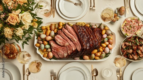 A table set for a meal with a large platter of roast pork, Easter eggs, and bread.