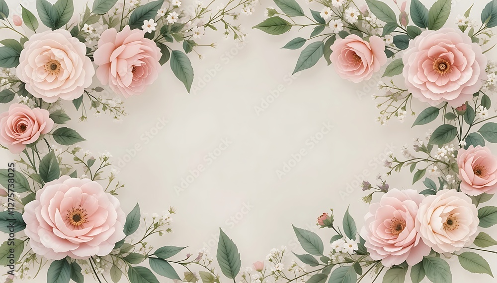Elegant Floral Frame with Soft Pink Roses and Green Leaves Elegant Floral Frame with Soft Pink Roses and Green Leaves