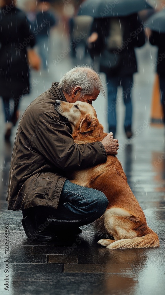 Obraz premium Emotional reunion between elderly man and golden retriever in a rainy city street surrounded by pedestrians