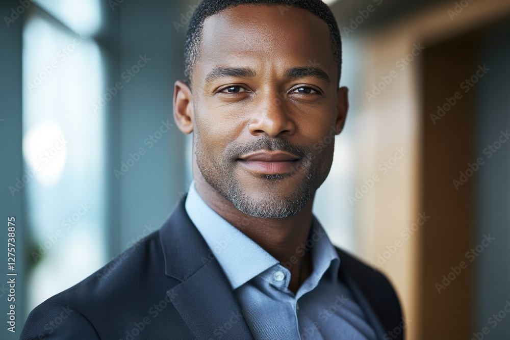 Confident business professional smiling in modern office setting during daylight hours Confident business professional smiling in modern office setting during daylight hours