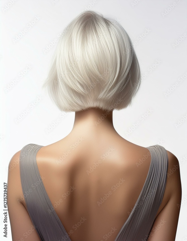 Obraz premium studio portrait of a blonde woman with short hair wearing a grey dress with bare back on a white background, back view 