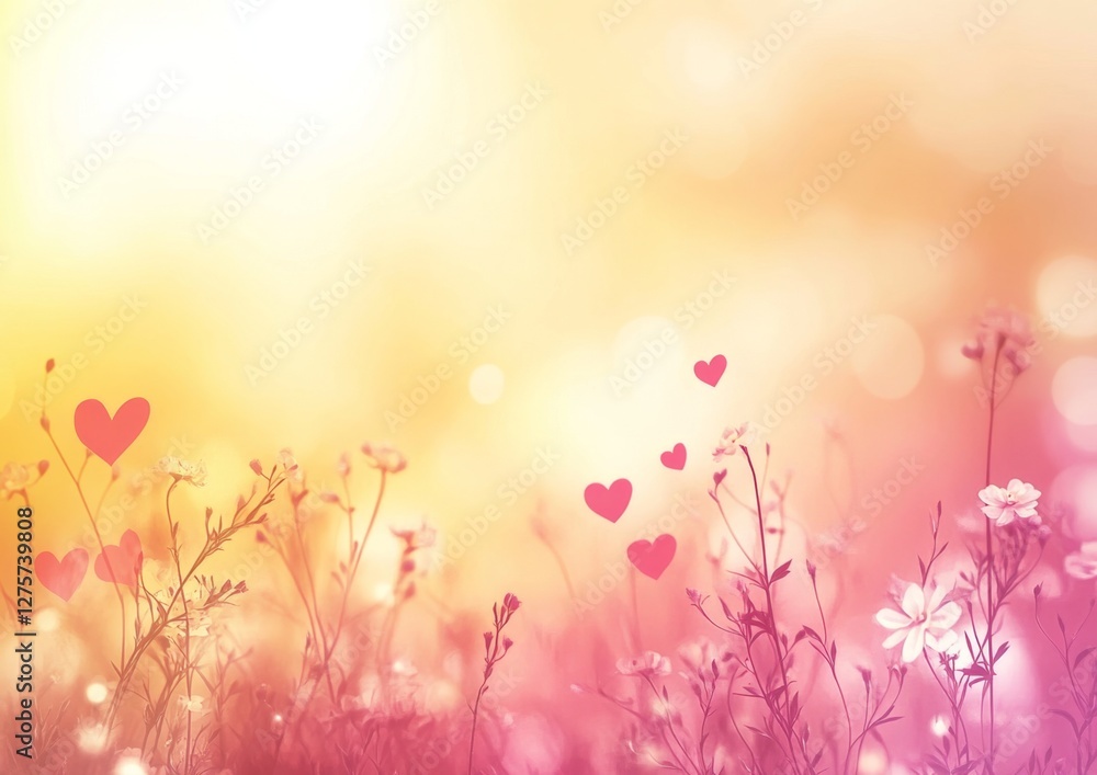 Sunny field, hearts, flowers, bokeh, romance, design, greeting card, spring Sunny field, hearts, flowers, bokeh, romance, design, greeting card, spring