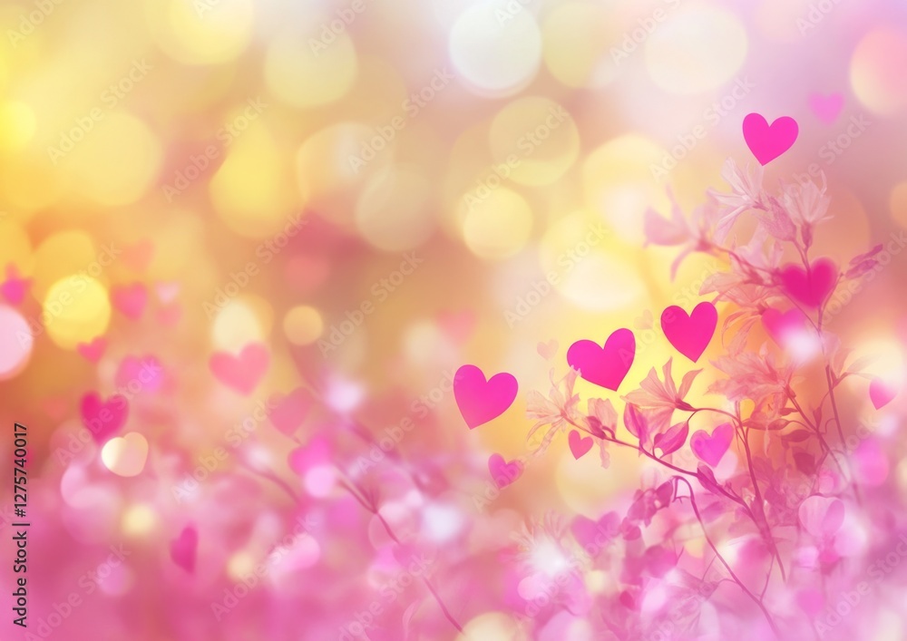 Pink hearts float over blooming flowers, bokeh background, Valentine's Day card Pink hearts float over blooming flowers, bokeh background, Valentine's Day card