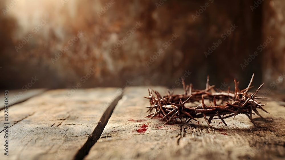A dramatic photograph of a crown of thorns resting on an aged wooden surface with soft shadows cast by the dramatic lighting A dramatic photograph of a crown of thorns resting on an aged wooden surface with soft shadows cast by the dramatic lighting