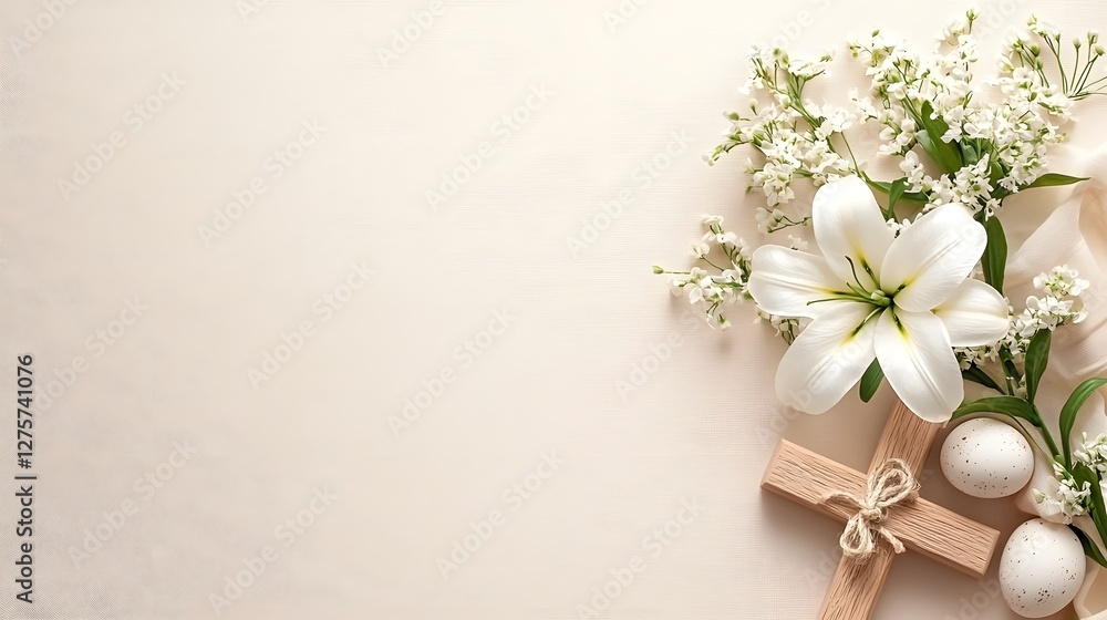 Minimalist composition of a graceful white lily and wooden cross laid on a simple serene fabric background representing the spiritual themes of Easter and Good Friday Minimalist composition of a graceful white lily and wooden cross laid on a simple serene fabric background representing the spiritual themes of Easter and Good Friday