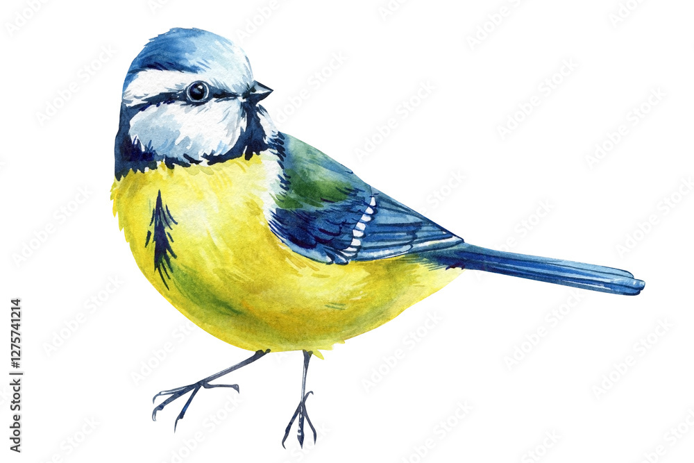 Fototapeta premium Watercolor blue tit bird hand painted illustration isolated on white background spring wildlife nature art. forest bird