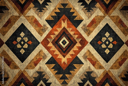 Intricate Native American inspired pattern featuring geometric shapes and warm earth tones, creating a rich and textured background with a touch of vintage style. photo