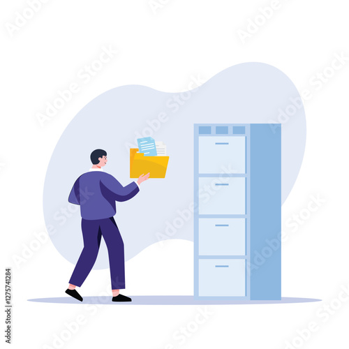 Person filing documents into cabinet in office illustration vector