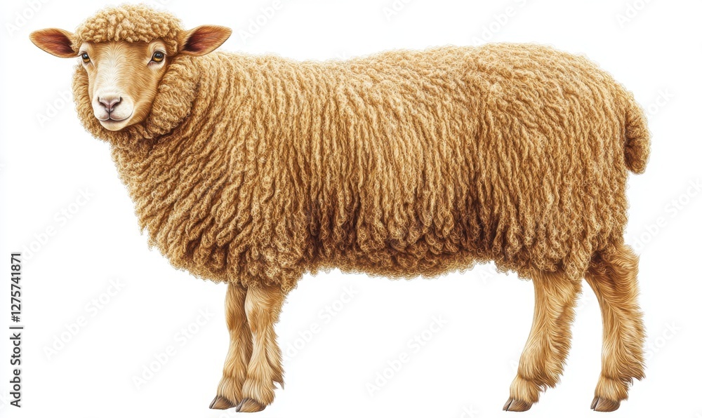 A fluffy brown sheep standing gracefully in a serene pasture with green grass and blue sky A fluffy brown sheep standing gracefully in a serene pasture with green grass and blue sky