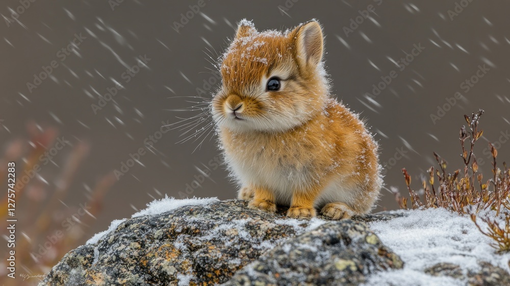 Fototapeta premium Snowy Mountain, Adorable Baby Rabbit
