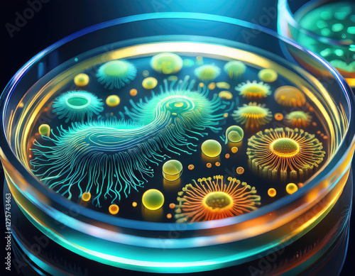 Bacterial Colonies Glowing in Petri Dish – Bioluminescent bacteria forming intricate patterns. photo