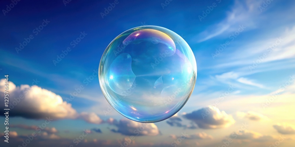 A delicate soap bubble floats gently upwards, its translucent surface reflecting a soft, blue sky background , sphere, gentle A delicate soap bubble floats gently upwards, its translucent surface reflecting a soft, blue sky background , sphere, gentle
