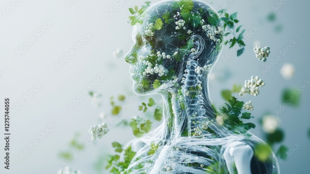 Naklejka premium A translucent human figure filled with greenery and flowers, symbolizing the connection between nature and human life.