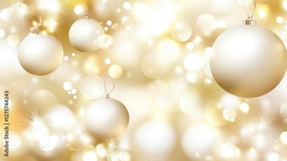 Golden bokeh background with white ornaments, festive holiday design Golden bokeh background with white ornaments, festive holiday design