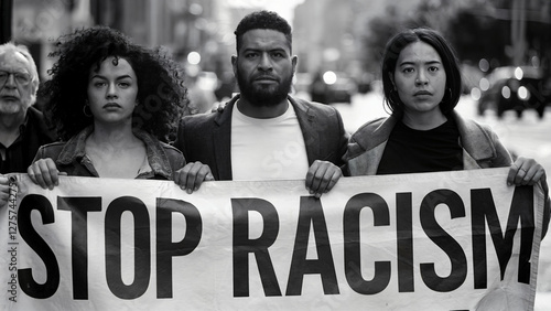 black and white photography Urban Protestors Holding Anti-Racism Banner
