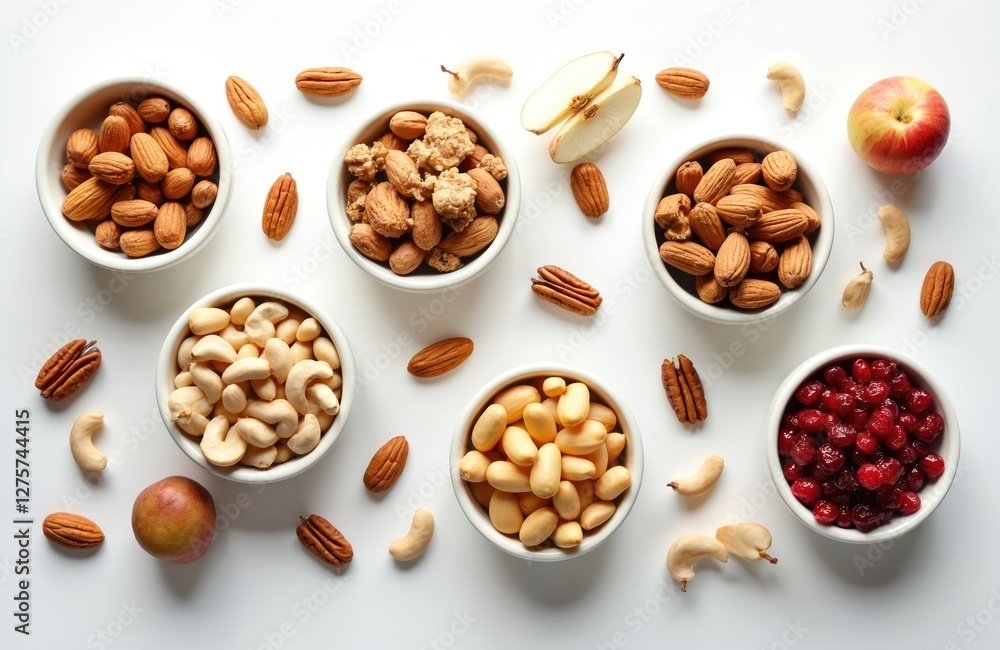 Top view of assorted nuts and fruits almonds, cashews, pecans, nuts mix, apple, cranberries in bowls isolated on white. Healthy snack, vegan food, source of energy. Top view of assorted nuts and fruits almonds, cashews, pecans, nuts mix, apple, cranberries in bowls isolated on white. Healthy snack, vegan food, source of energy.