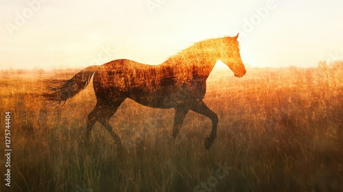 Horse Running Through Golden Grass with Dreamy Sky