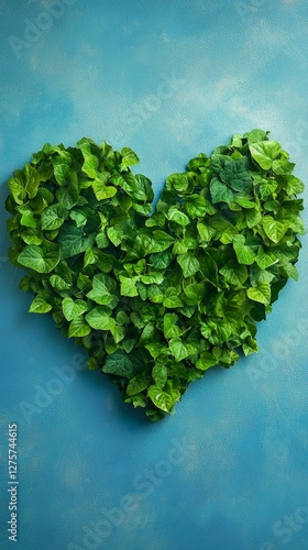 Heart of Green Leaves on a Teal Background photo