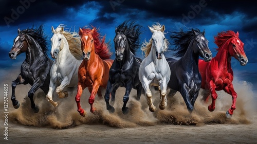 A stunning display of seven diverse horses galloping together, showcasing their strength and beauty against a dramatic, stormy backdrop.