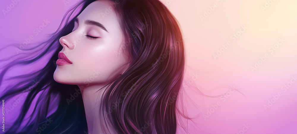 Beautiful serene woman with closed eyes, relaxing expression, glowing skin, and flowing hair on soft pink gradient background – elegant digital artwork for Women's Day with copy space for text Beautiful serene woman with closed eyes, relaxing expression, glowing skin, and flowing hair on soft pink gradient background – elegant digital artwork for Women's Day with copy space for text