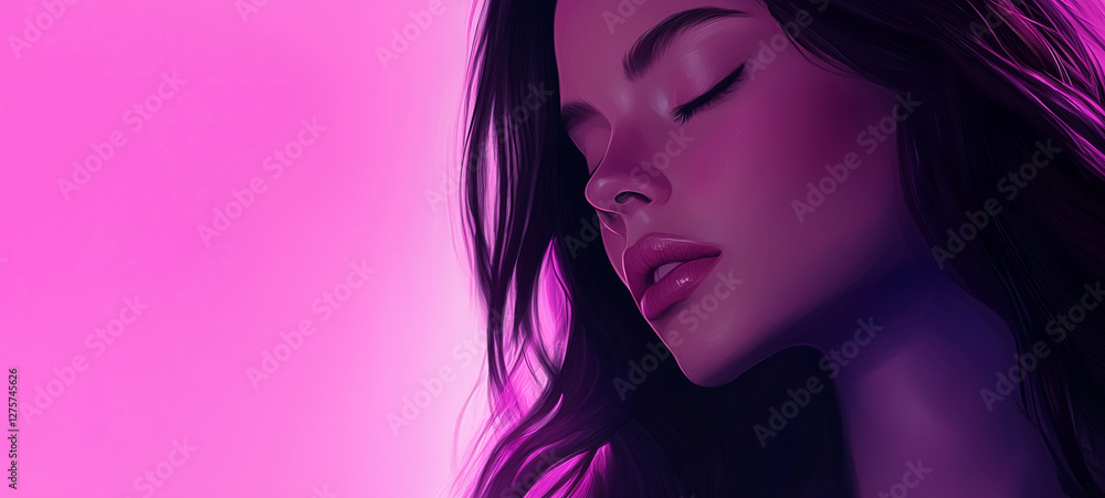 Beautiful serene woman with closed eyes, relaxing expression, glowing skin, and flowing hair on soft pink gradient background – elegant digital artwork for Women's Day with copy space for text