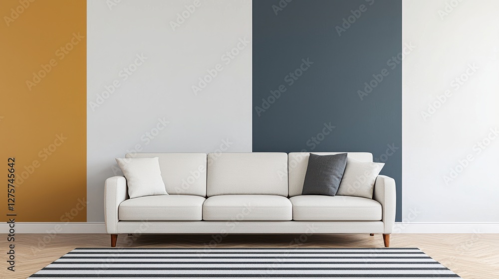 A stylish living room featuring a light sofa against three contrasting wall colors, complemented by a striped rug. A stylish living room featuring a light sofa against three contrasting wall colors, complemented by a striped rug.