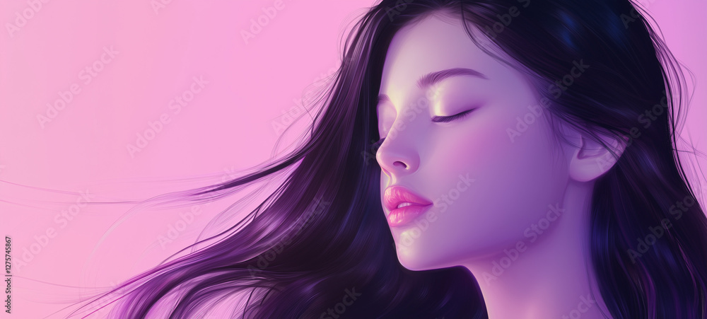 Beautiful serene woman with closed eyes, relaxing expression, glowing skin, and flowing hair on soft pink gradient background – elegant digital artwork for Women's Day with copy space for text Beautiful serene woman with closed eyes, relaxing expression, glowing skin, and flowing hair on soft pink gradient background – elegant digital artwork for Women's Day with copy space for text