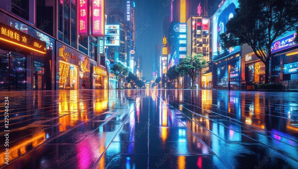 Fototapeta premium Neon Cityscape Reflections: A Rainy Night in China