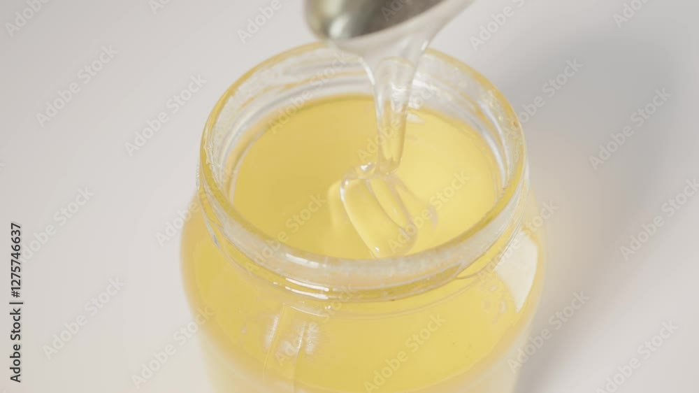 Close-up view of a transparent jar filled with golden honey while honey is being poured inside. The scene captures the essence of natural sweetness and organic product presentation.
