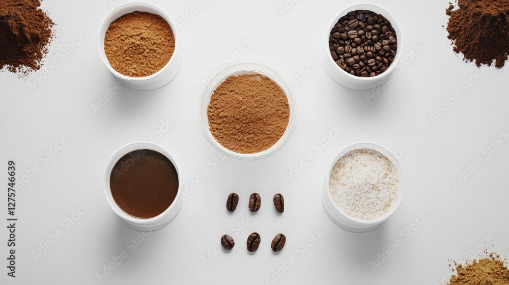 Assorted coffee ingredients arranged artistically on a white background for culinary use Assorted coffee ingredients arranged artistically on a white background for culinary use