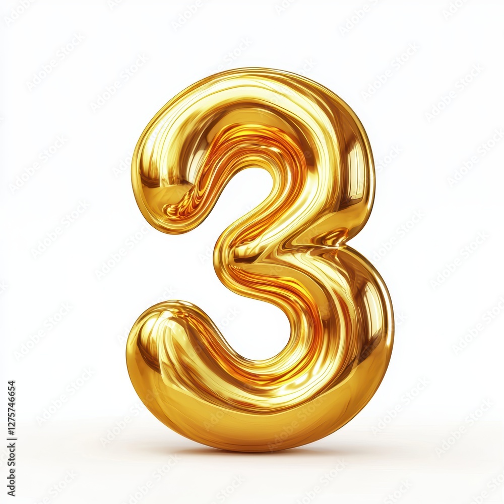 Number 3 made of polished gold with smooth reflections isolated on a clean white background Number 3 made of polished gold with smooth reflections isolated on a clean white background