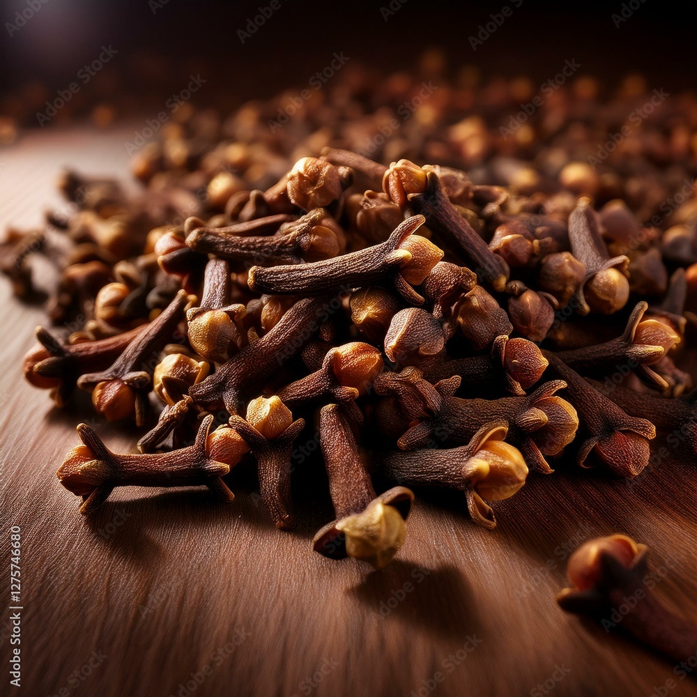 Obraz premium A close-up of dried cloves with a rich brown color and textured surface, showcasing their aromatic and natural spice quality in soft, warm lighting