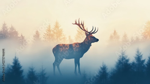 Silhouette of Stag with Forest and Fog in Double Exposure photo