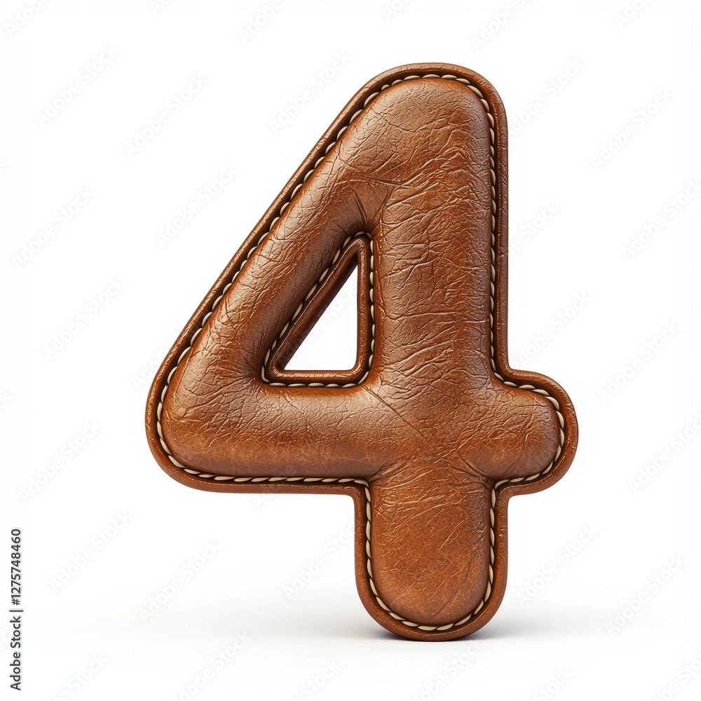 Number 4 made of rich brown leather with visible stitching isolated on a clean white background Number 4 made of rich brown leather with visible stitching isolated on a clean white background