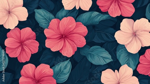 Vibrant Floral Pattern with Colorful Hibiscus and Green Leaves