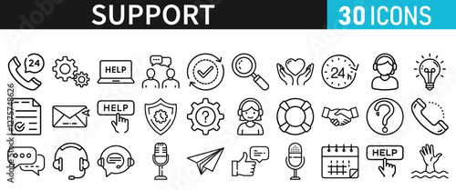 Service and Support set of web icons. Support and Help icons for web and mobile app inline style. Communication, online assistance, email, customer service, contact, help, feedback, 24 hrs, finding