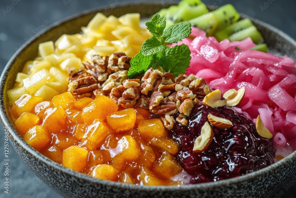 A vibrant and colorful bowl with fruit, nuts, and jam toppings, a healthy and delicious snack, close-up shot of fresh and appetizing food presentation. A vibrant and colorful bowl with fruit, nuts, and jam toppings, a healthy and delicious snack, close-up shot of fresh and appetizing food presentation.