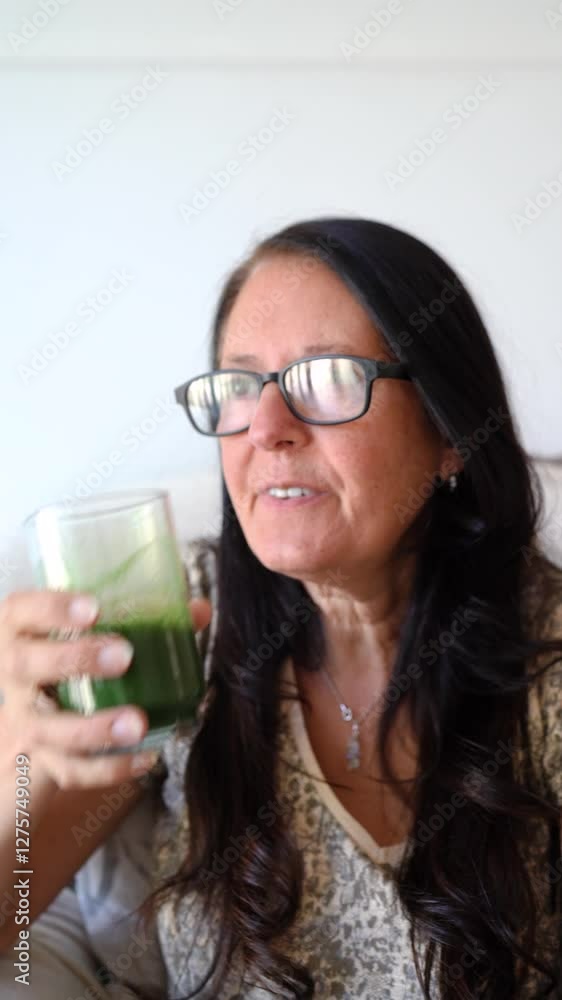 Vertical shot of middle age woman drinking organic green juice Vertical shot of middle age woman drinking organic green juice