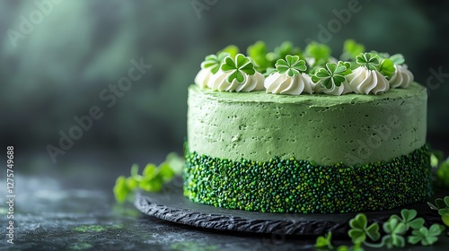 Delicious green cake with cream and clover decor.