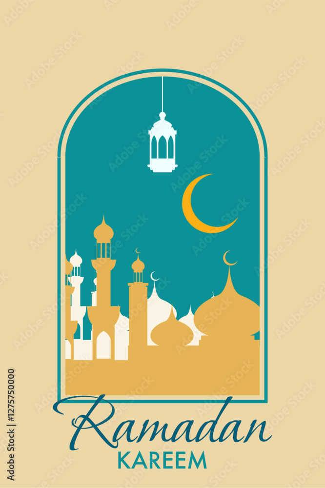 Greeting card Ramadan Kareem with Islamic window in boho style and modern design. Frame with arabic muslim landscape for Ramadan Kareem and Ied Mubarak. Greeting card Ramadan Kareem with Islamic window in boho style and modern design. Frame with arabic muslim landscape for Ramadan Kareem and Ied Mubarak.