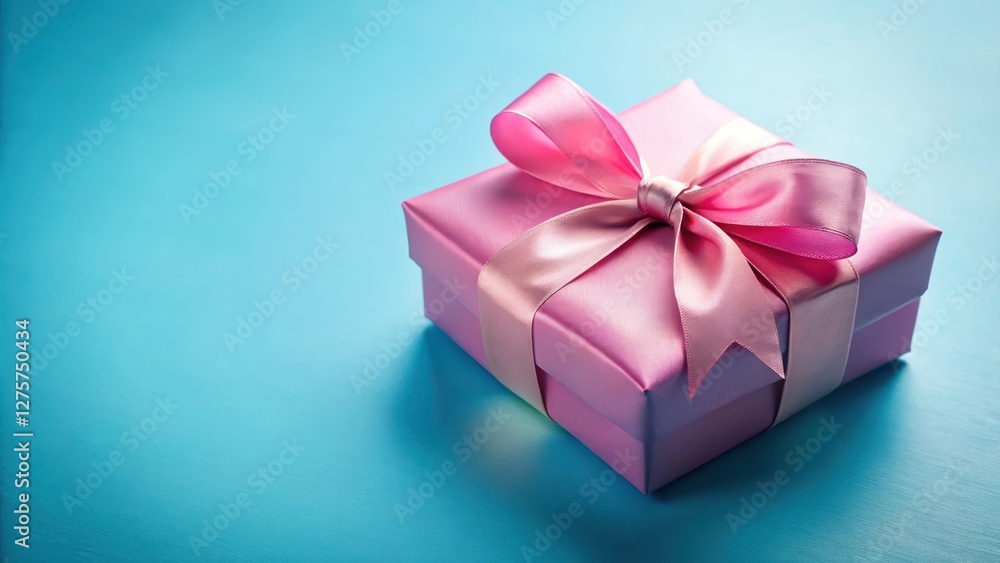 Pink gift box on blue background with a satin ribbon tied around it , elegant box , gift wrapping Pink gift box on blue background with a satin ribbon tied around it , elegant box , gift wrapping