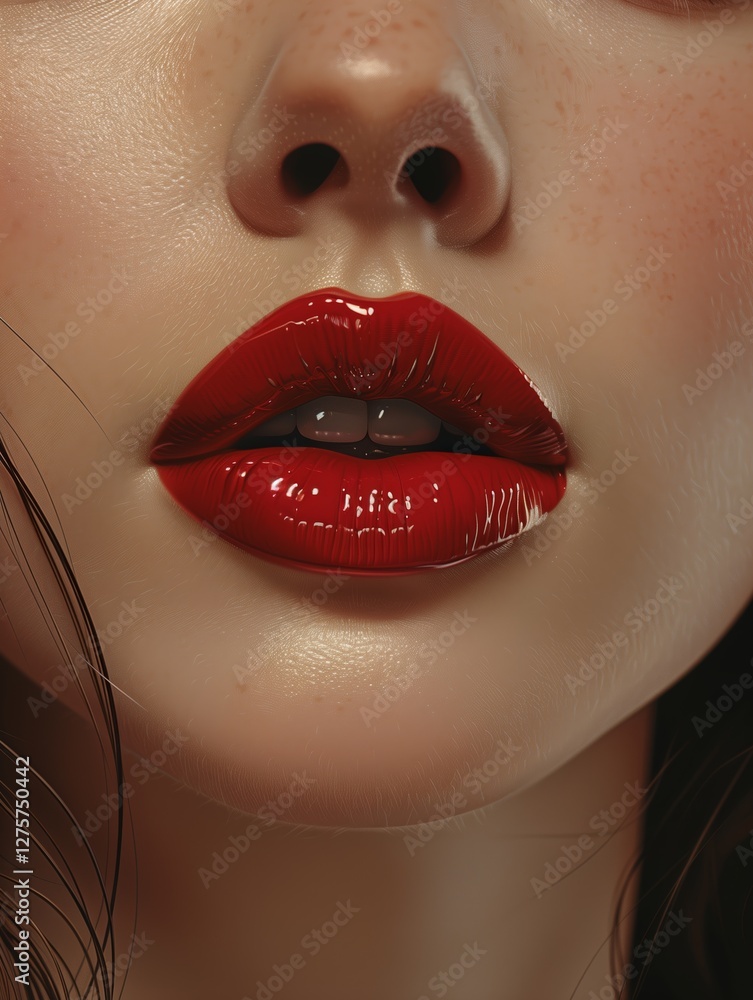 Obraz premium close up of a woman’s lips with red lipstick. She kisses in the air.