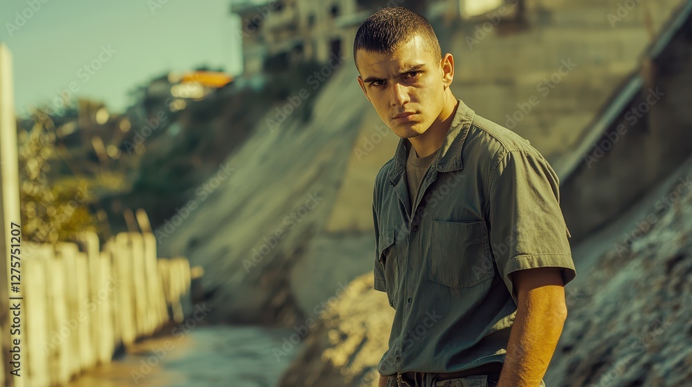 Brooding Young Man in Post-Apocalyptic Setting Brooding Young Man in Post-Apocalyptic Setting