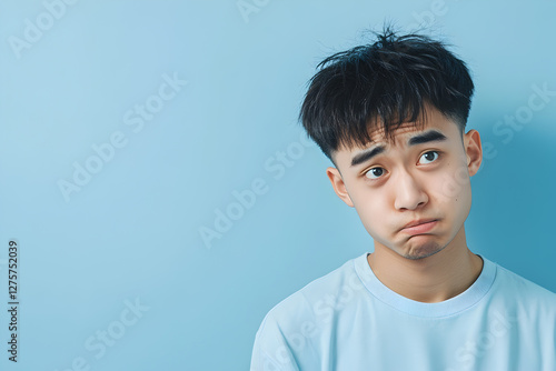 Anxious, frustrated Asian teenager rolling his eyes in annoyance, pouting with uncertainty against light blue background,casual t-shirt. positioned on the right. copy space on the left