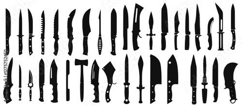  black knife icon set featuring various knife designs. A vector collection perfect for kitchen tools, hunting, survival, cooking, and culinary illustrations on a white background.